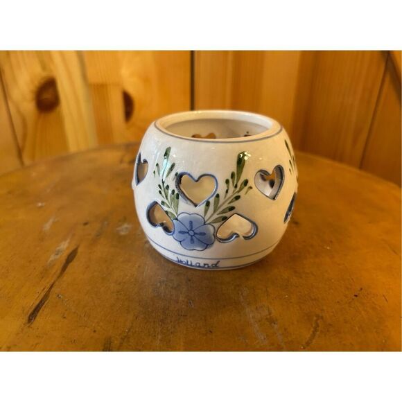 Delft Blue Tea Light Candle Holder Windmill Hearts Hand Painted Dutch Votive Hol - Picture 1 of 7